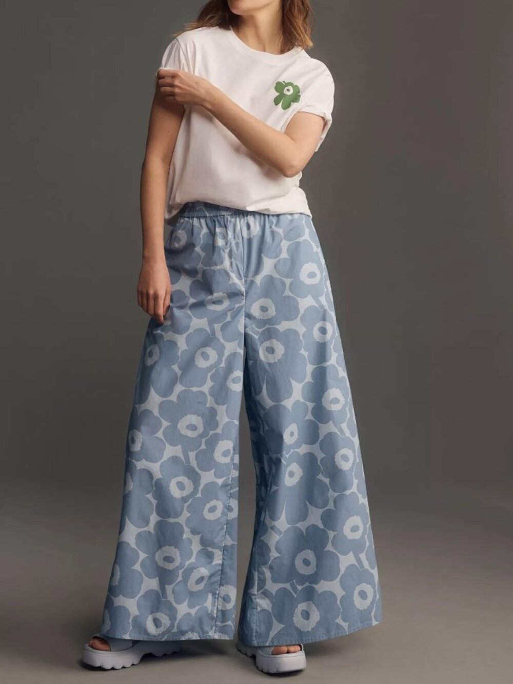 Marimekko Blue Wide-leg Flower Kohti Unikko Pants, Size S NWT